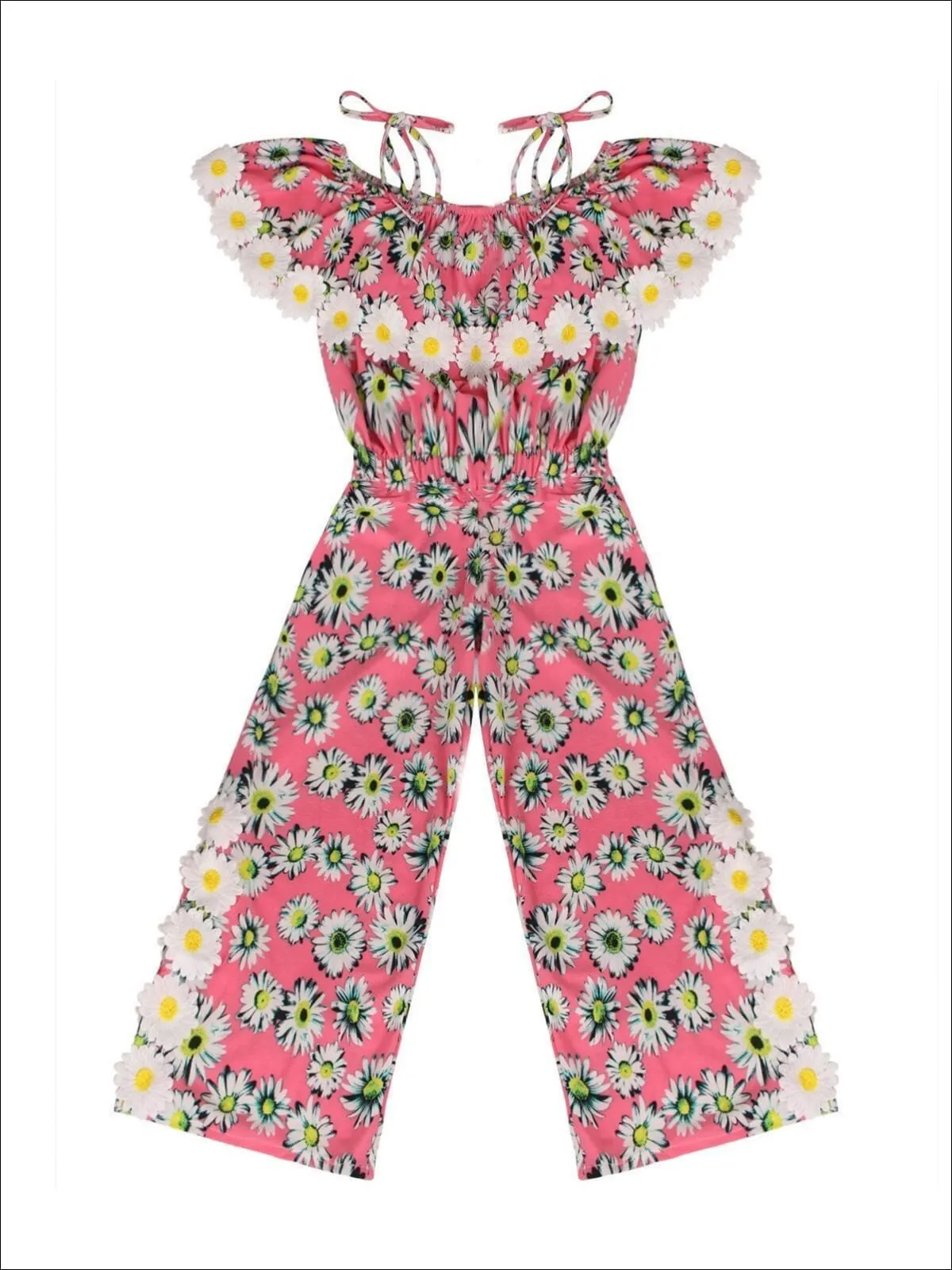 Girls Pink Daisy Print Off the Shoulder Ruffled Palazzo Jumpsuit with Daisy Appliques