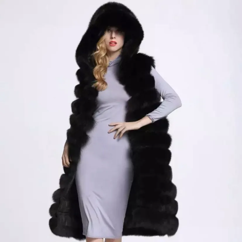 Hooded Long 11 Row Faux Fur Gilet