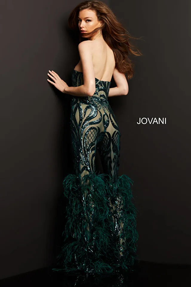 Jovani 05669 Embellished Sweetheart Neck Strapless Couture Feathered Jumpsuit