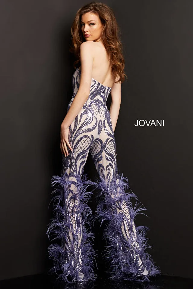 Jovani 05669 Embellished Sweetheart Neck Strapless Couture Feathered Jumpsuit