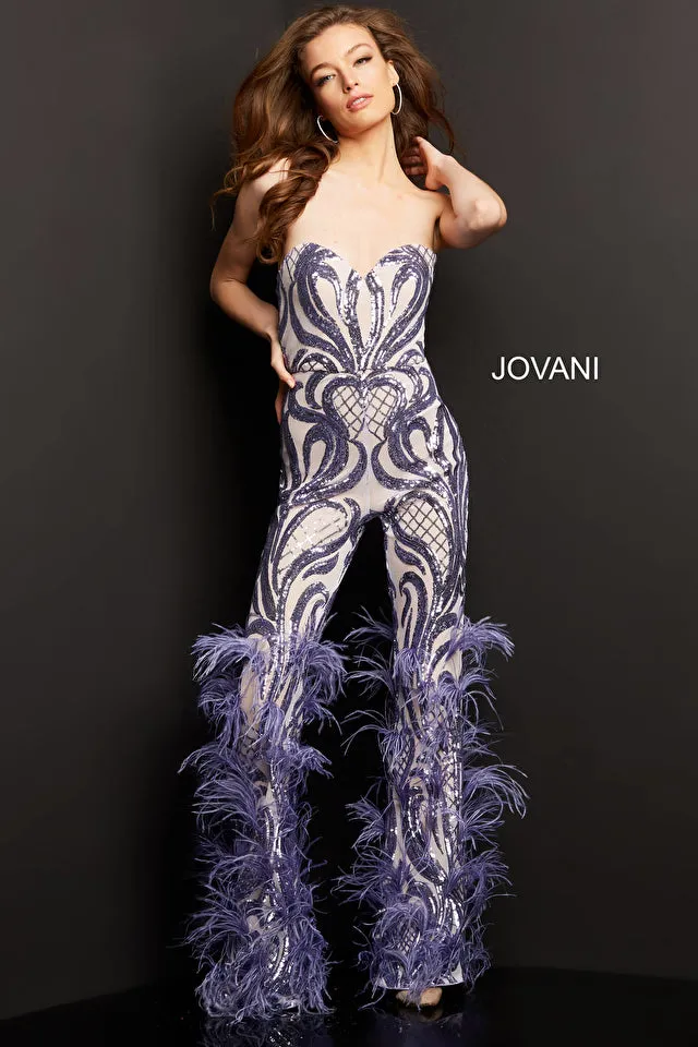 Jovani 05669 Embellished Sweetheart Neck Strapless Couture Feathered Jumpsuit