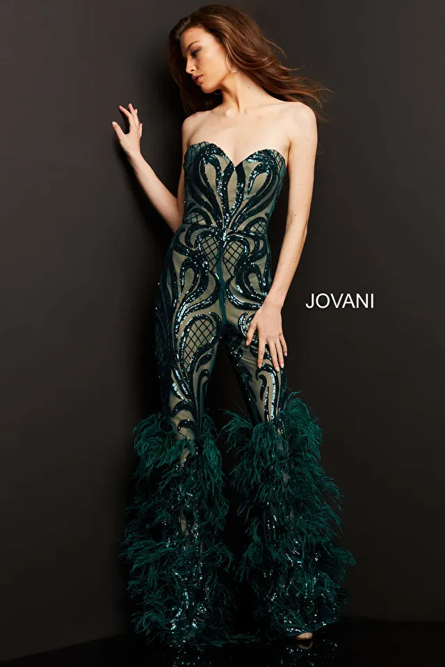 Jovani 05669 Embellished Sweetheart Neck Strapless Couture Feathered Jumpsuit