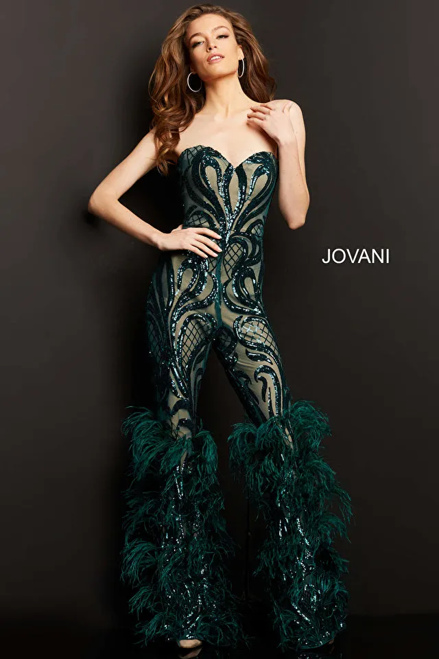 Jovani 05669 Embellished Sweetheart Neck Strapless Couture Feathered Jumpsuit