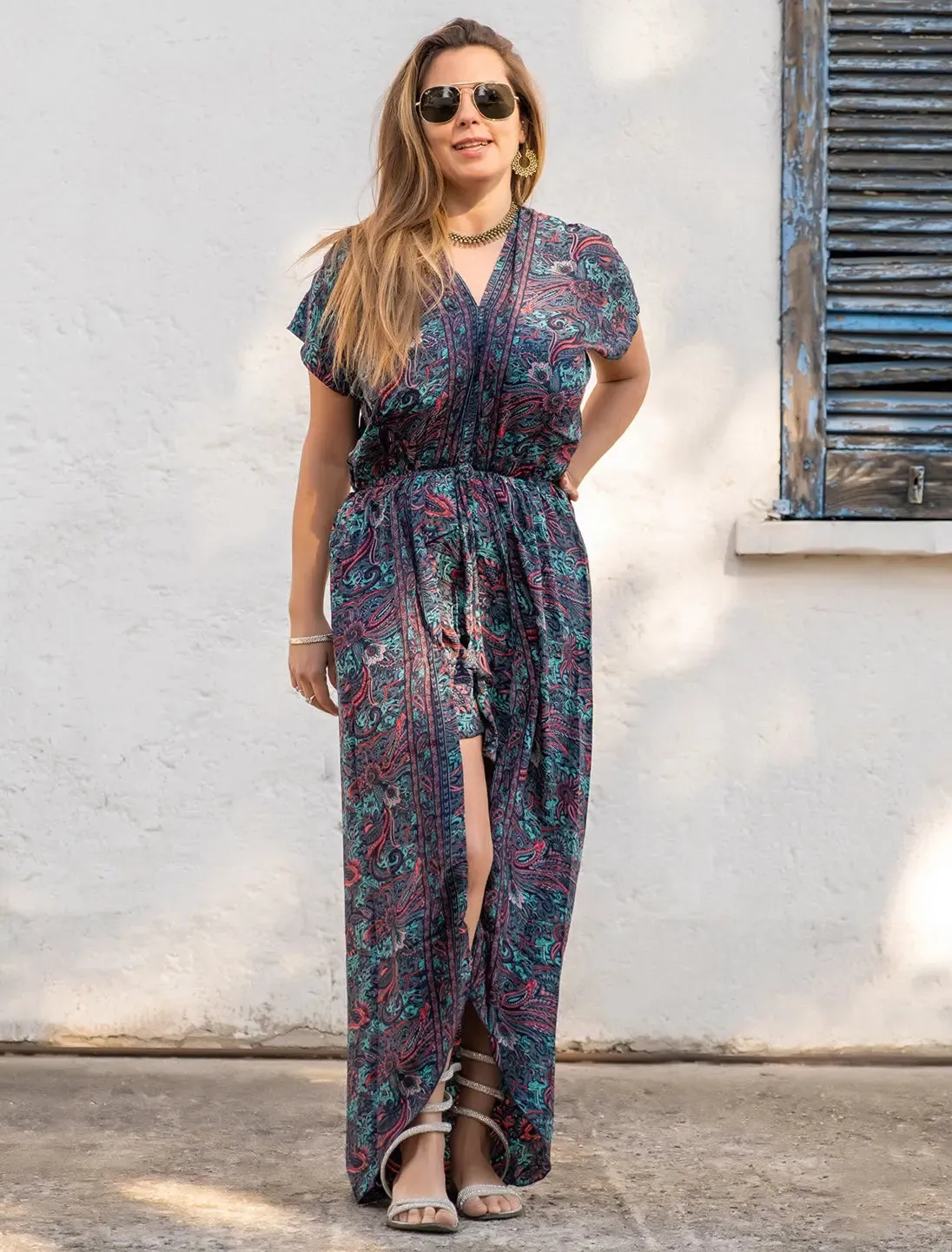 Jumpsuit Kokila corto davanti lungo dietro in seta indiana - Misto fiori turchese