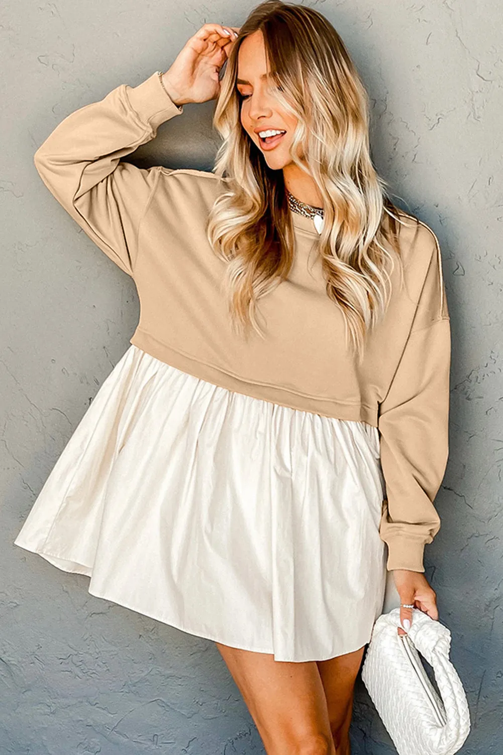 Khaki Sweater Poplin Mini Dress