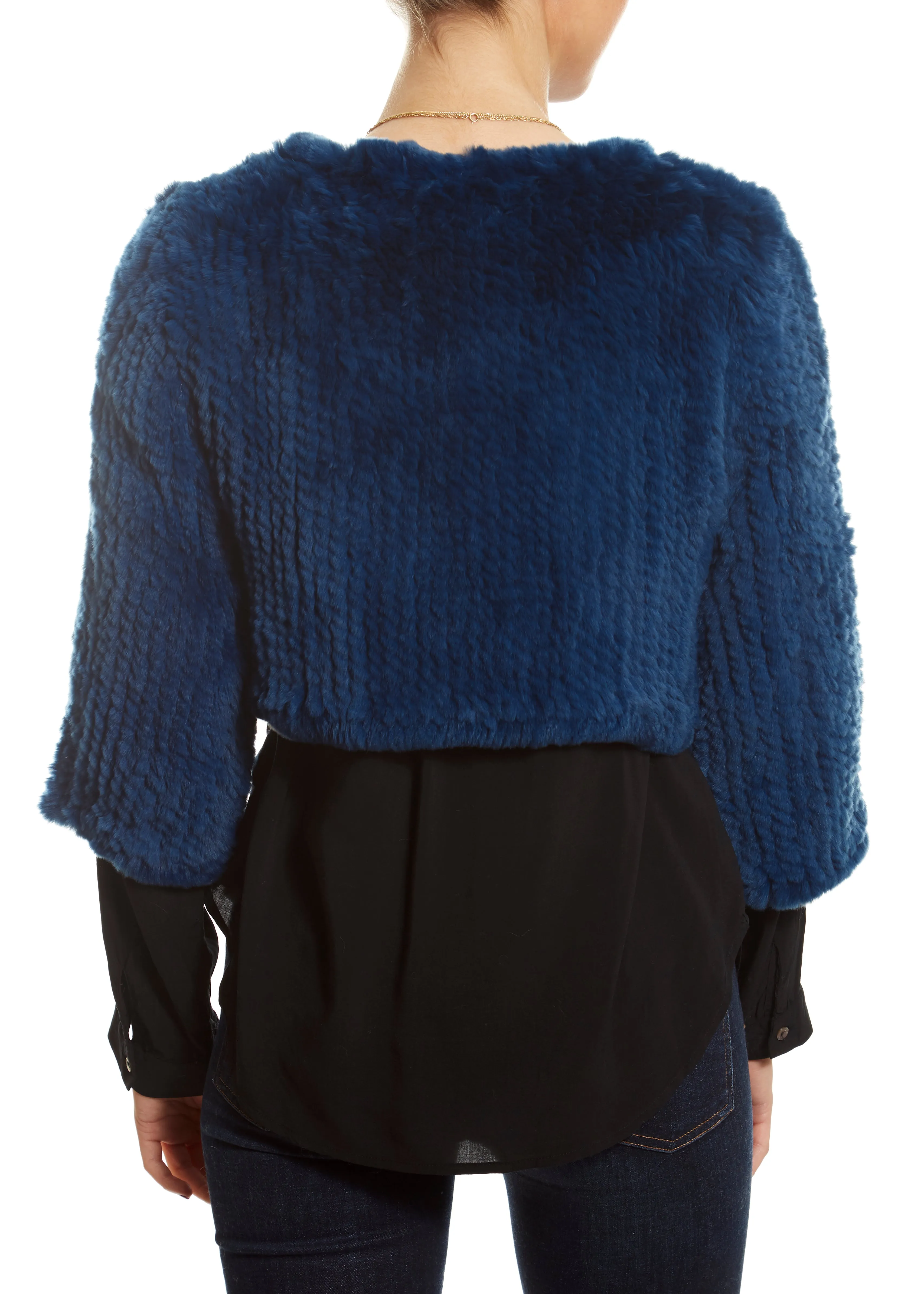 Knitted Rabbit Royal Blue Green Genuine Fur Jacket