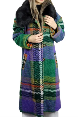 La Fiorentina Long Plaid Wool Coat w/ Faux Fur Trim- Green/Black