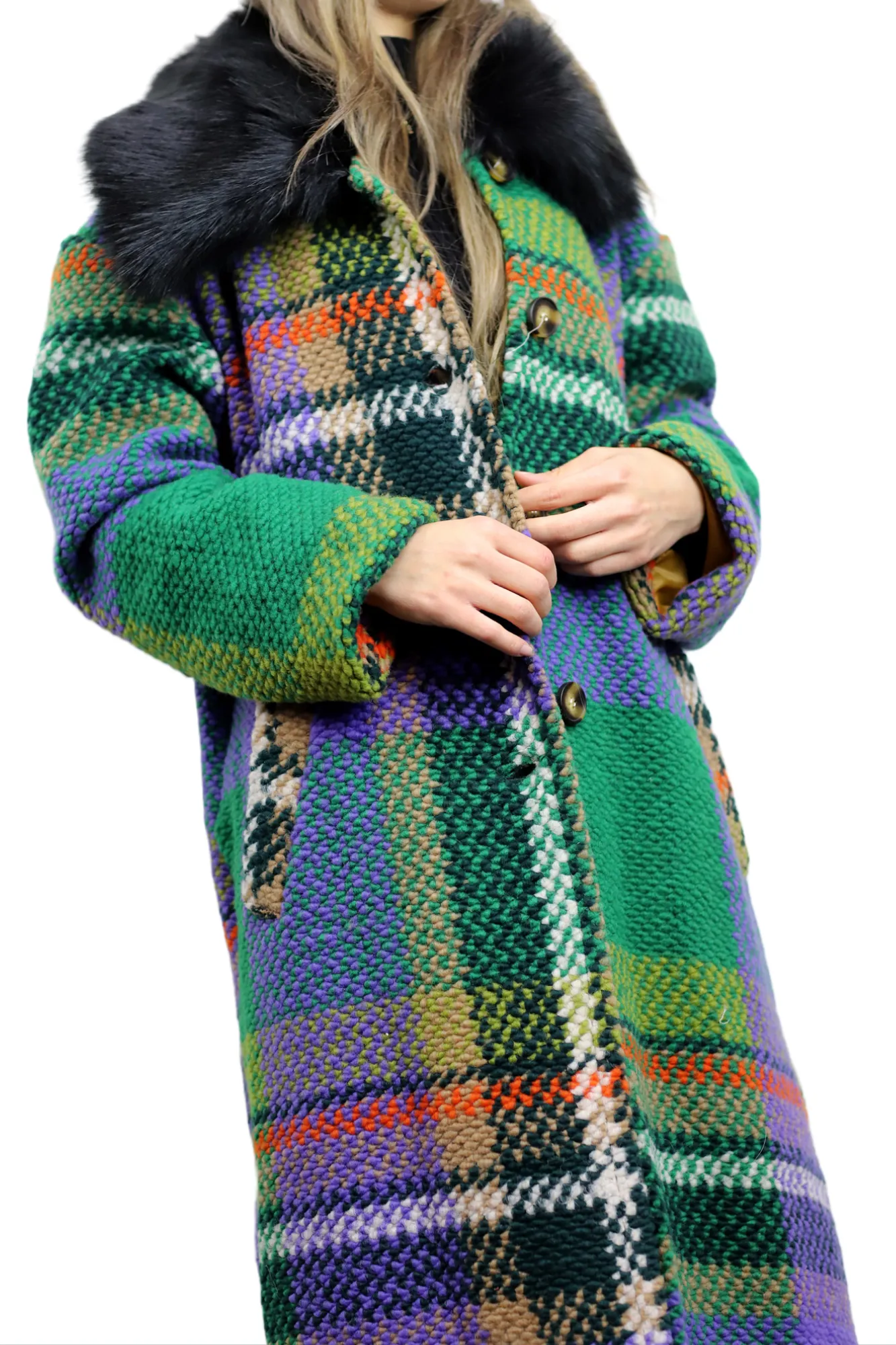 La Fiorentina Long Plaid Wool Coat w/ Faux Fur Trim- Green/Black