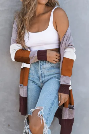 LADIES--Color Block, Open Front, Ribbed Knit, Cuff, Long Cardigan with Pockets