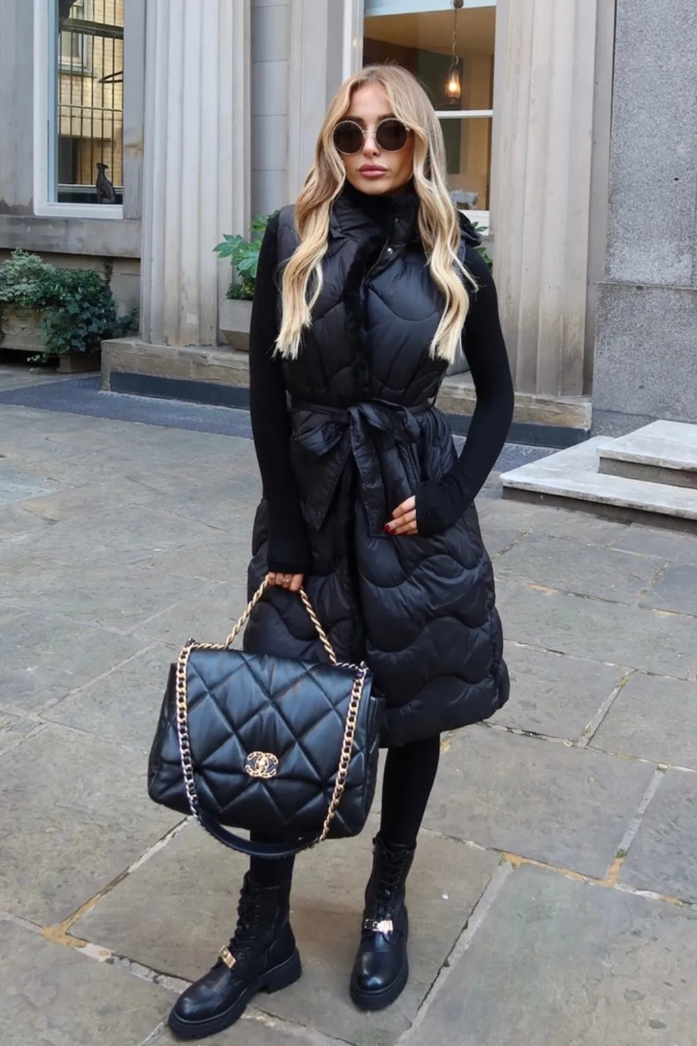 Layla black long hooded puffer gilet