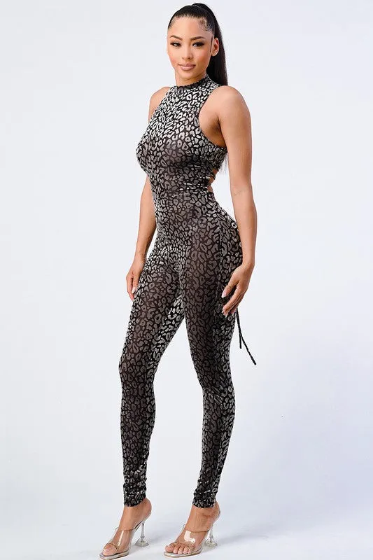 LEOPARD FLOCKING PRINT OPEN BACK-TIE JUMPSUIT