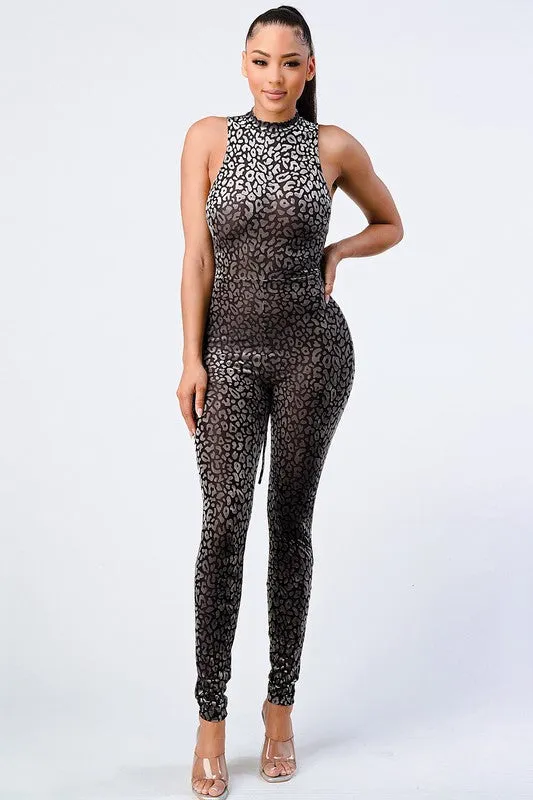 LEOPARD FLOCKING PRINT OPEN BACK-TIE JUMPSUIT