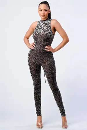 LEOPARD FLOCKING PRINT OPEN BACK-TIE JUMPSUIT