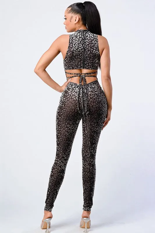 LEOPARD FLOCKING PRINT OPEN BACK-TIE JUMPSUIT