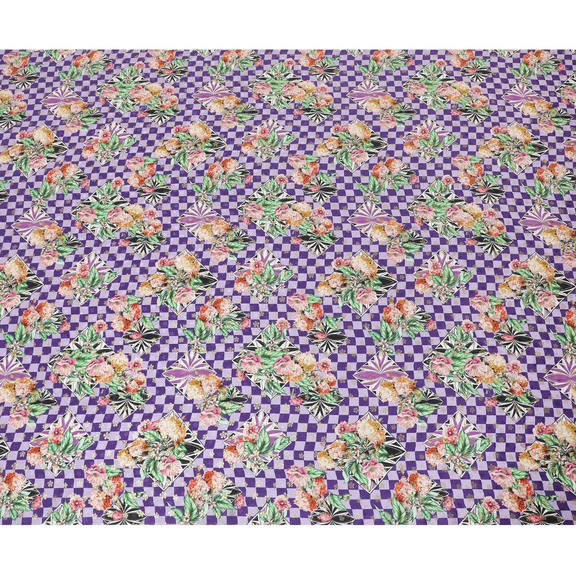 Light lavender, purple Premium pure Italian silk satin fabric with multicolor print having gold metallic lurex in floral design-D10592