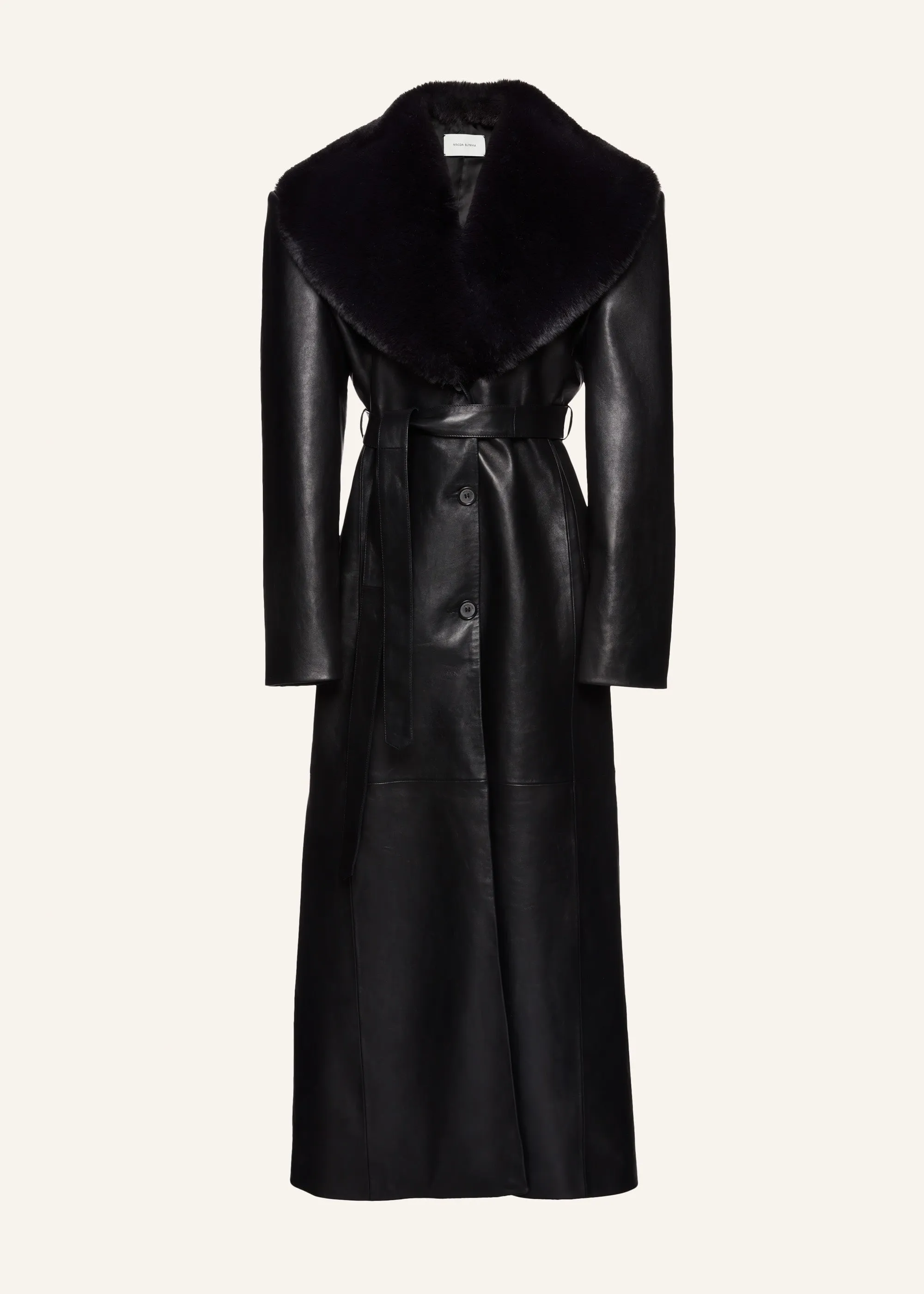 Long faux fur trim belted leather coat in black