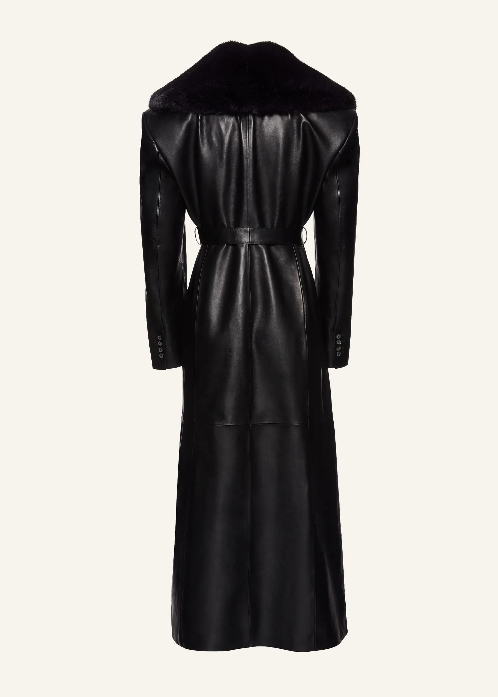 Long faux fur trim belted leather coat in black