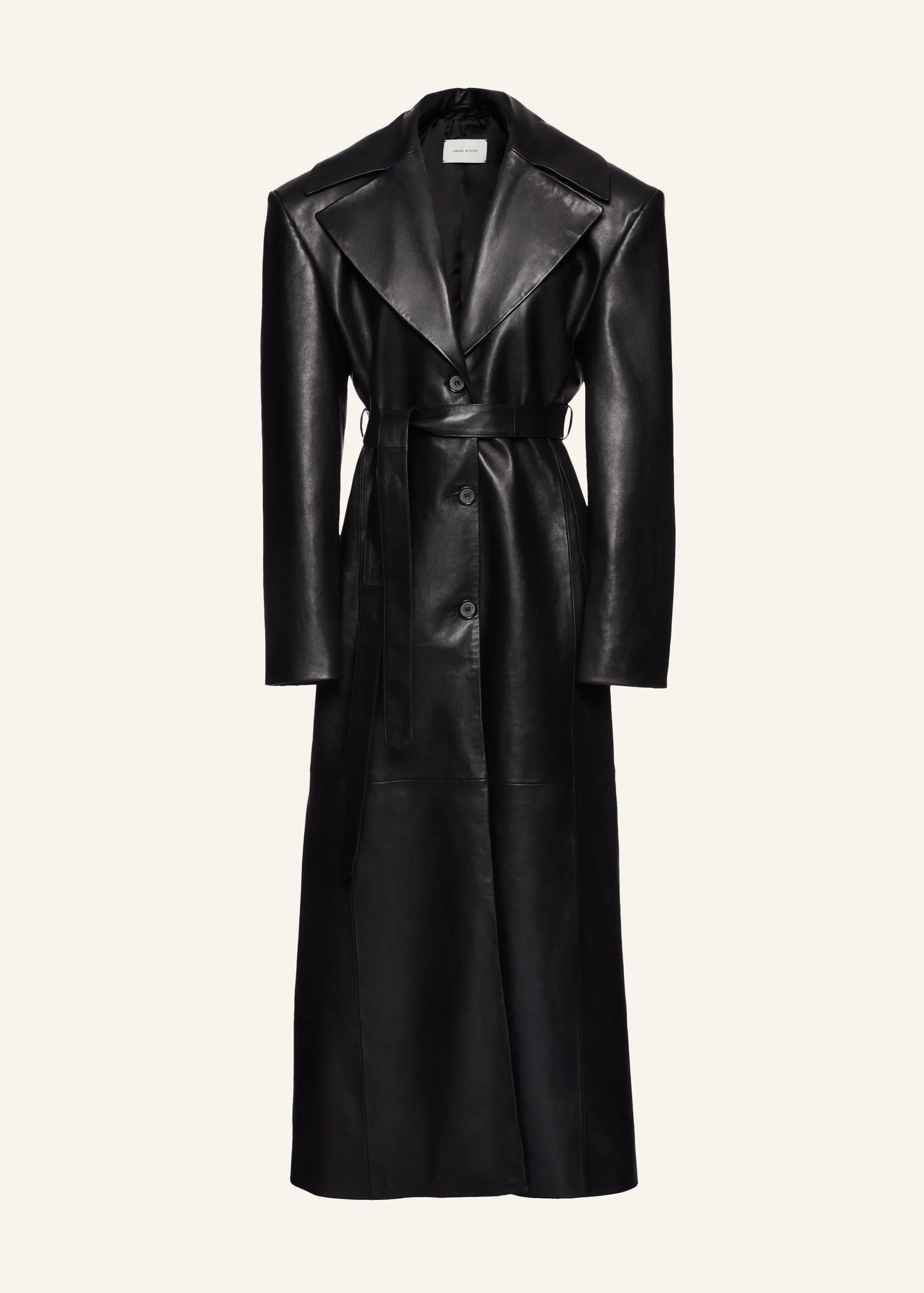 Long faux fur trim belted leather coat in black