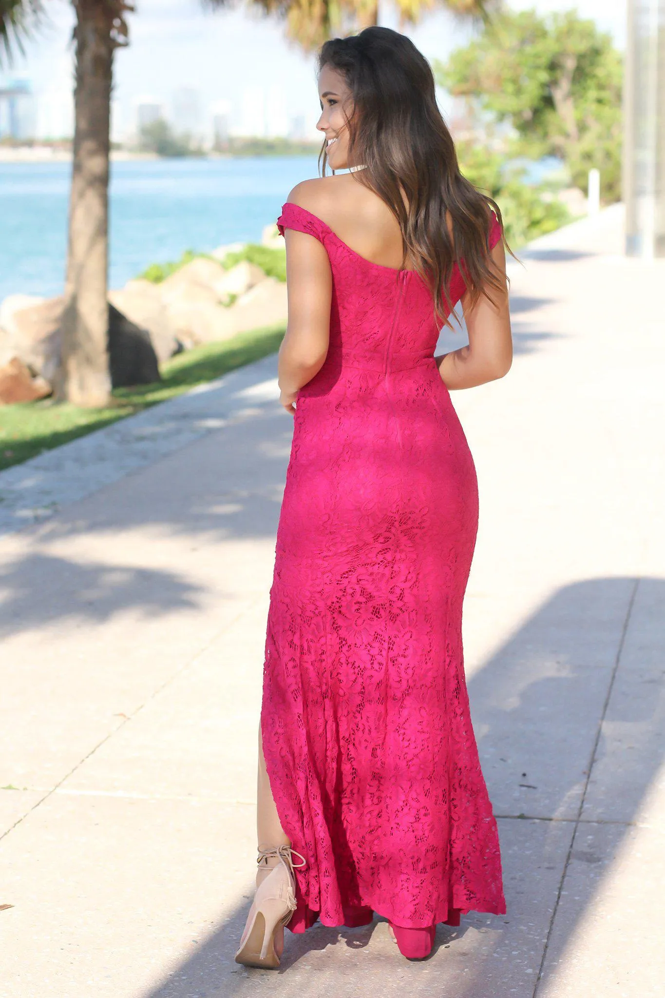 Magenta Lace Off Shoulder Maxi Dress