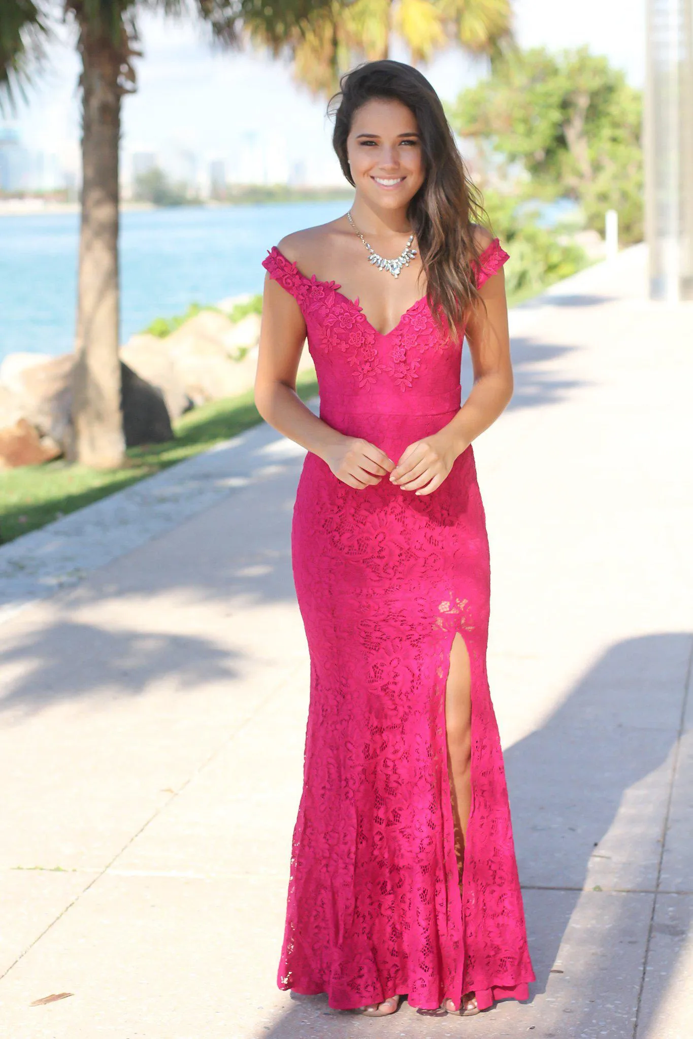 Magenta Lace Off Shoulder Maxi Dress