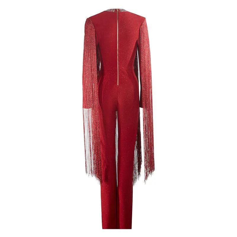 Mary Long Sleeve Fringe V-Neck Sequins Jumpsuit