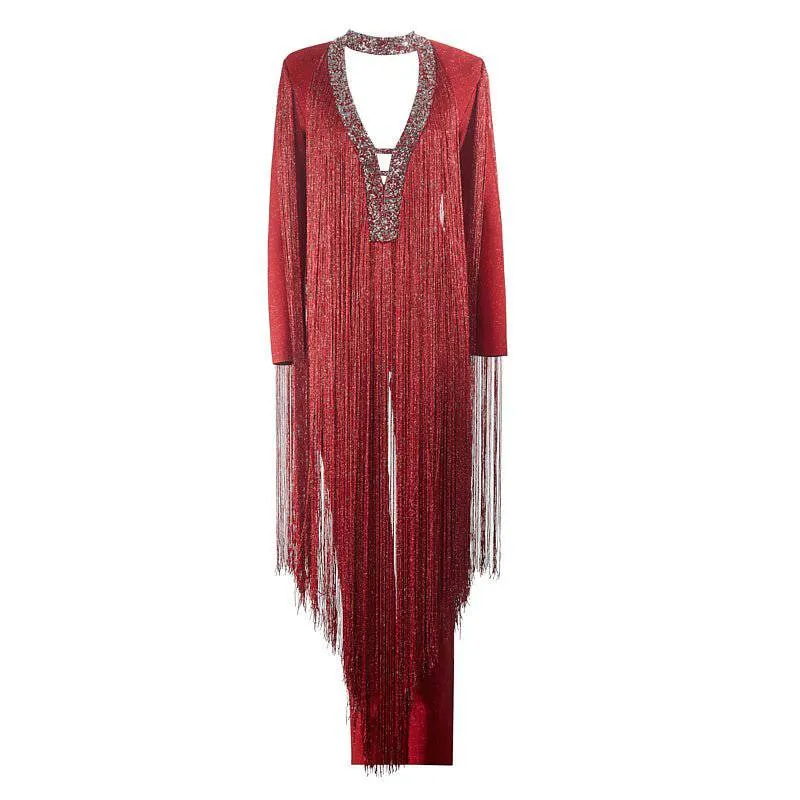 Mary Long Sleeve Fringe V-Neck Sequins Jumpsuit