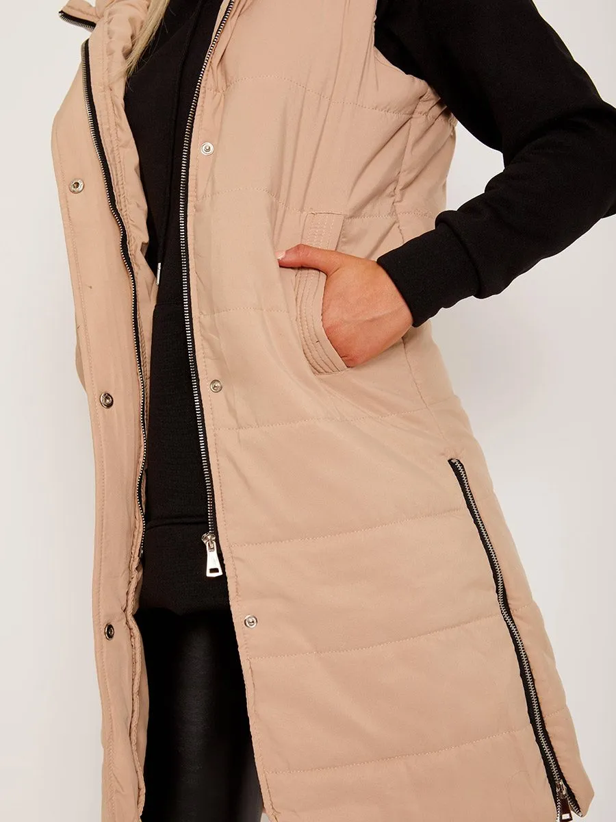 Michele Longline Hooded Puffer Gilet In Stone