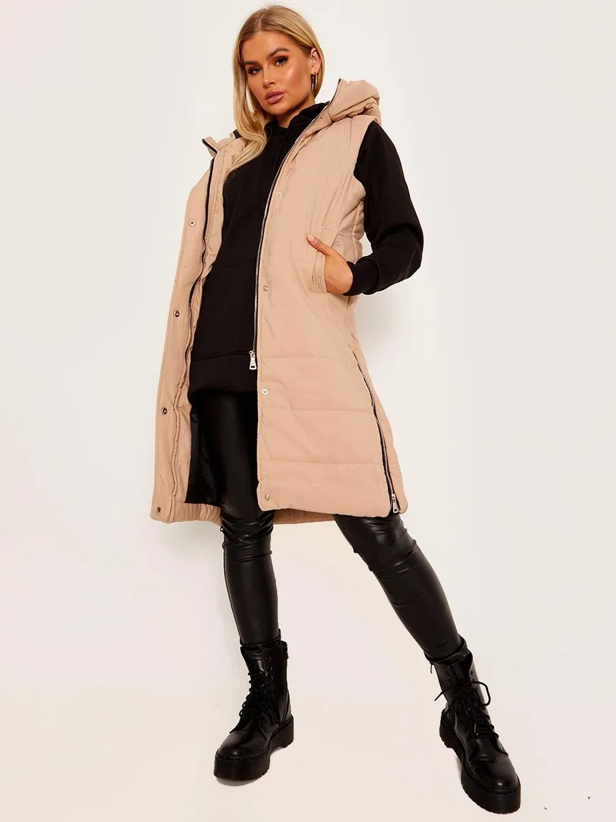 Michele Longline Hooded Puffer Gilet In Stone