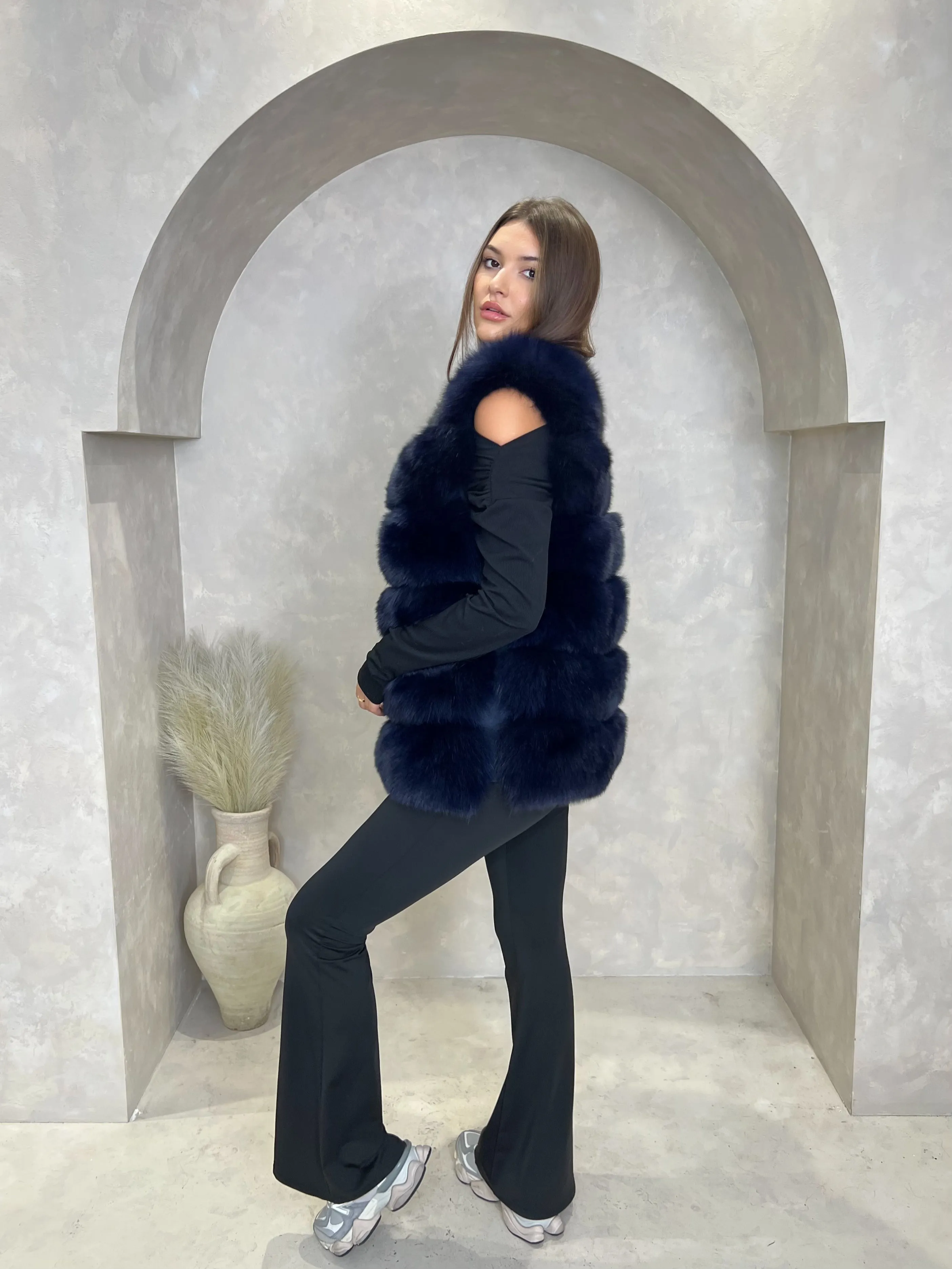 Navy Luxury Fur 6 Row Gilet