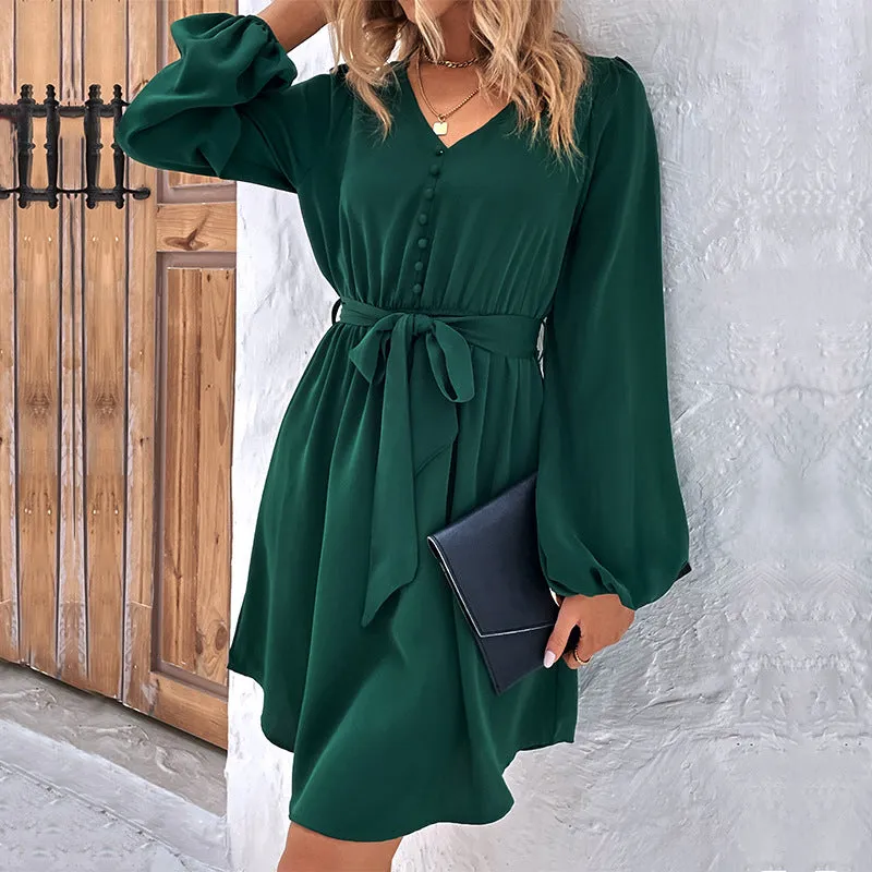 New Solid Color Long Sleeve V-Neck Belted Dress