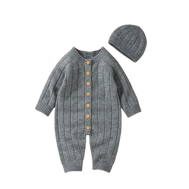 Newborn Baby Knit Romper Newborn Long Sleeve Jumpsuit   Hat