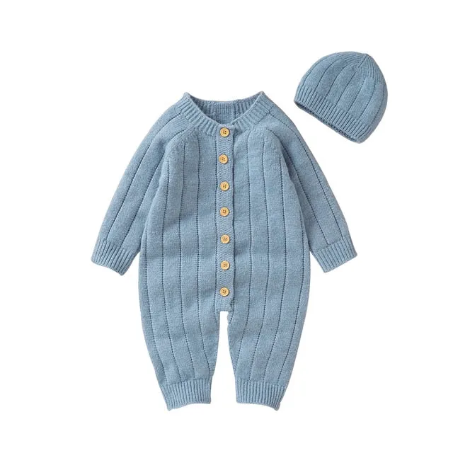 Newborn Baby Knit Romper Newborn Long Sleeve Jumpsuit   Hat