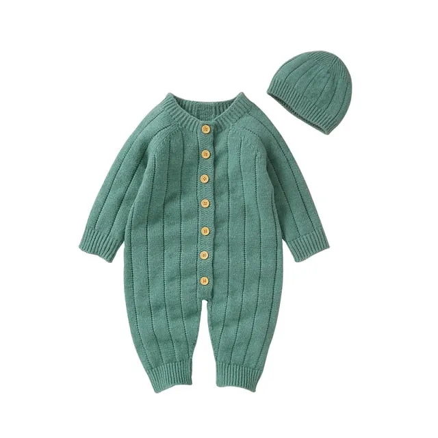 Newborn Baby Knit Romper Newborn Long Sleeve Jumpsuit   Hat