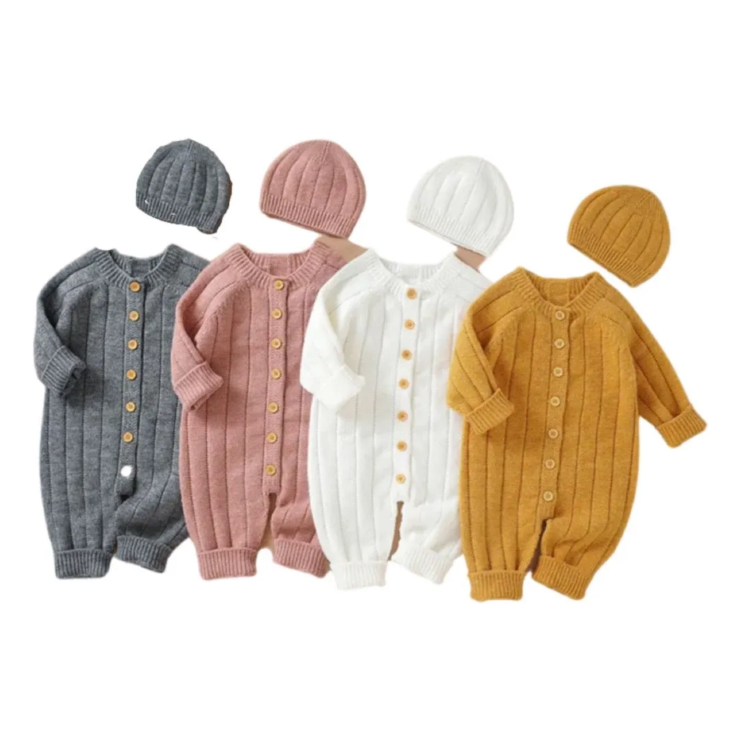 Newborn Baby Knit Romper Newborn Long Sleeve Jumpsuit   Hat