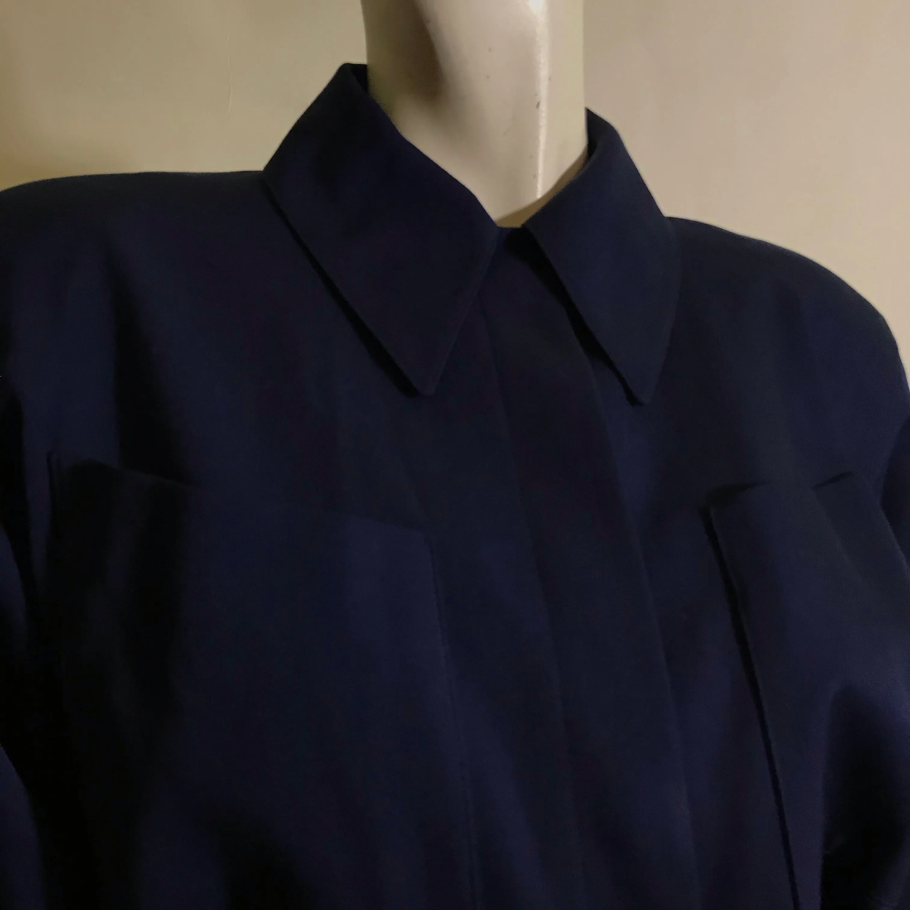 Nipped Waist Blue Wool Pocket Trimmed Suit Jacket circa 1980s