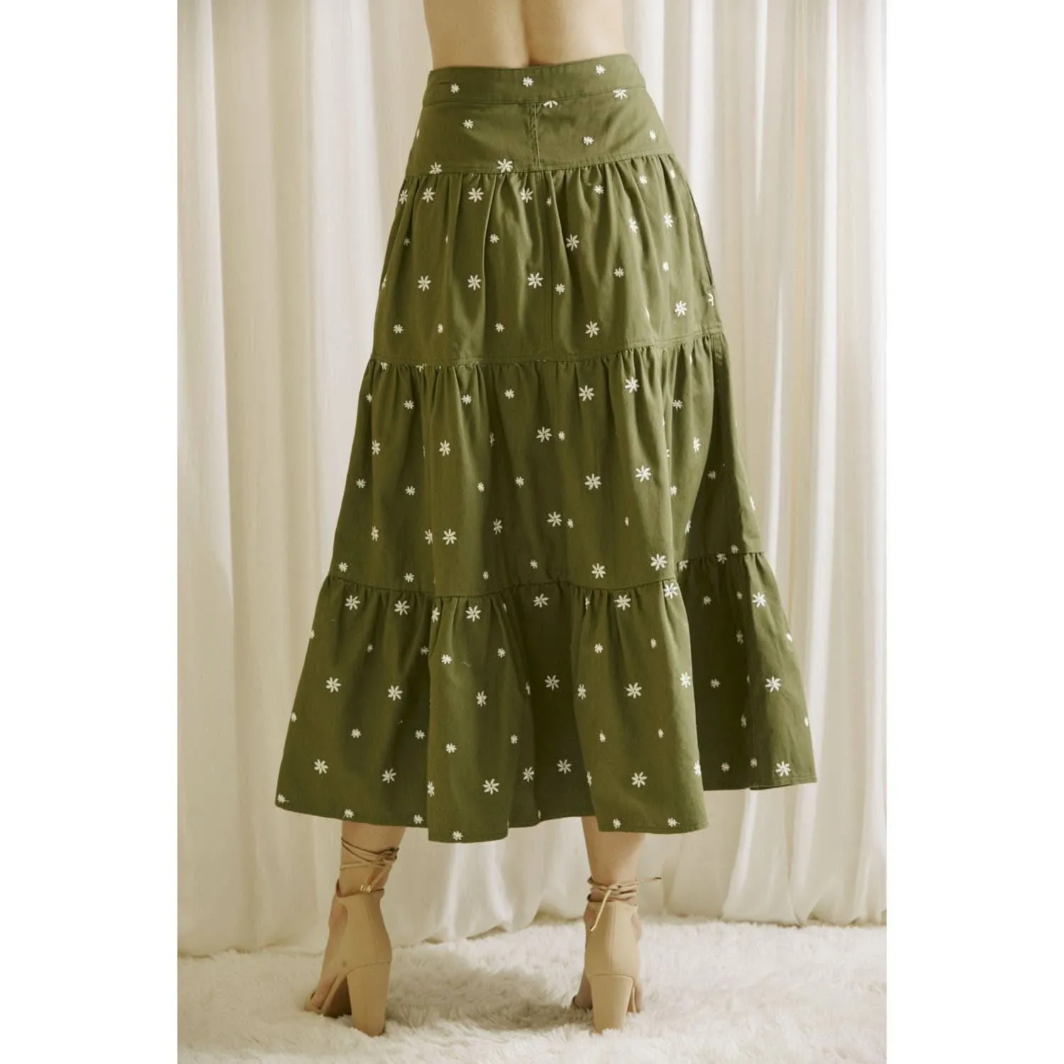 Olive   White Polka Embroidered Daises Maxi Skirt