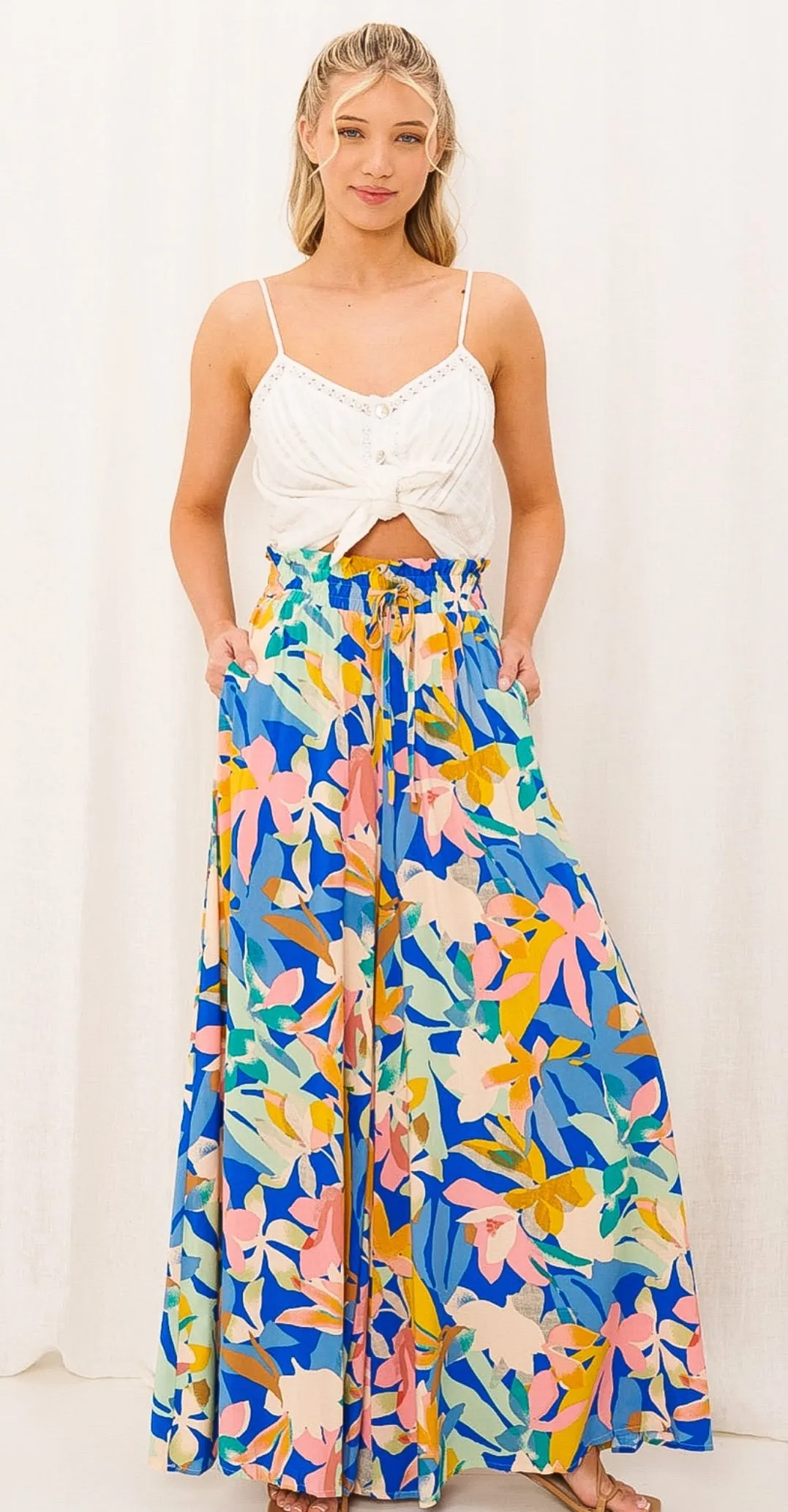 Panama Blue/Pink/Mustard Block Print Palazzo Pants