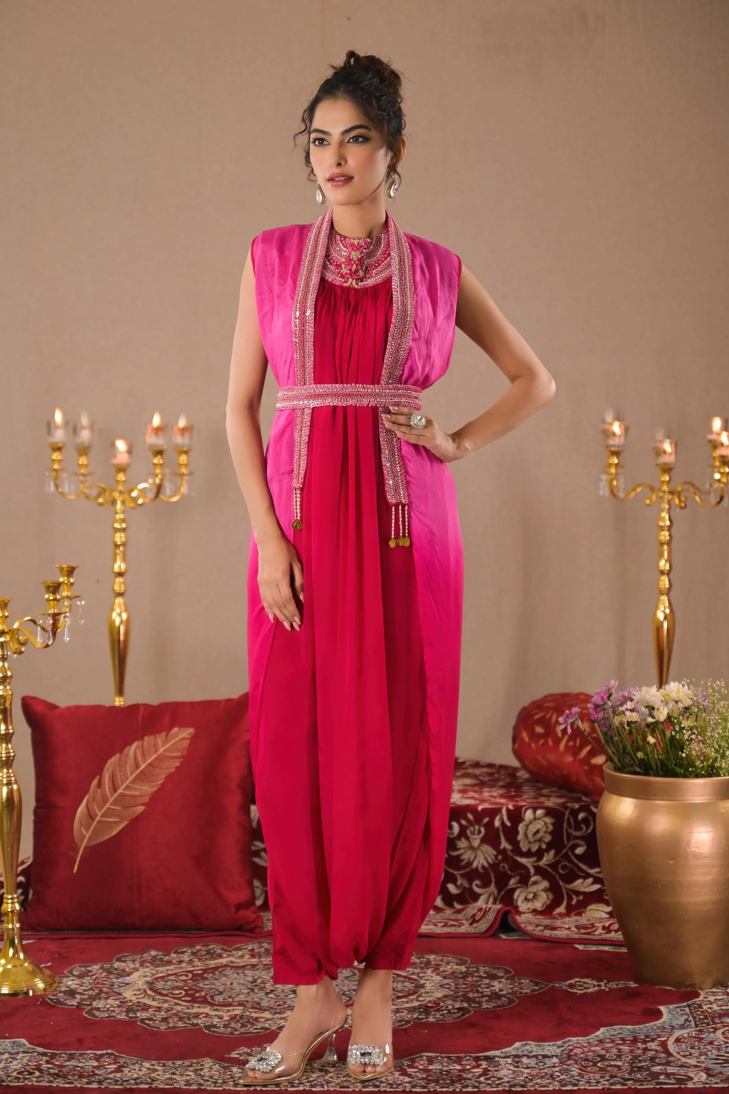 Pink Ombre Dyed Chinon Silk Dress With Pants