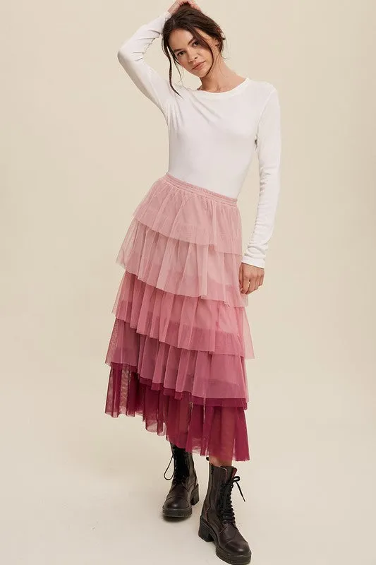 Pink Ruffle Long Skirt New Women's Fashion Gradient Style Tiered Mesh Maxi Skirt KESLEY