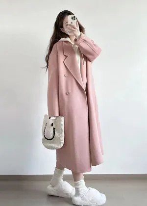 Pink Wool Blend Wrap Long Coat