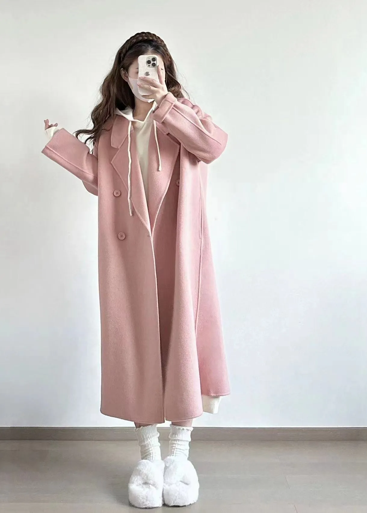 Pink Wool Blend Wrap Long Coat