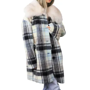 Plaid Mid length Coat with Trim - White