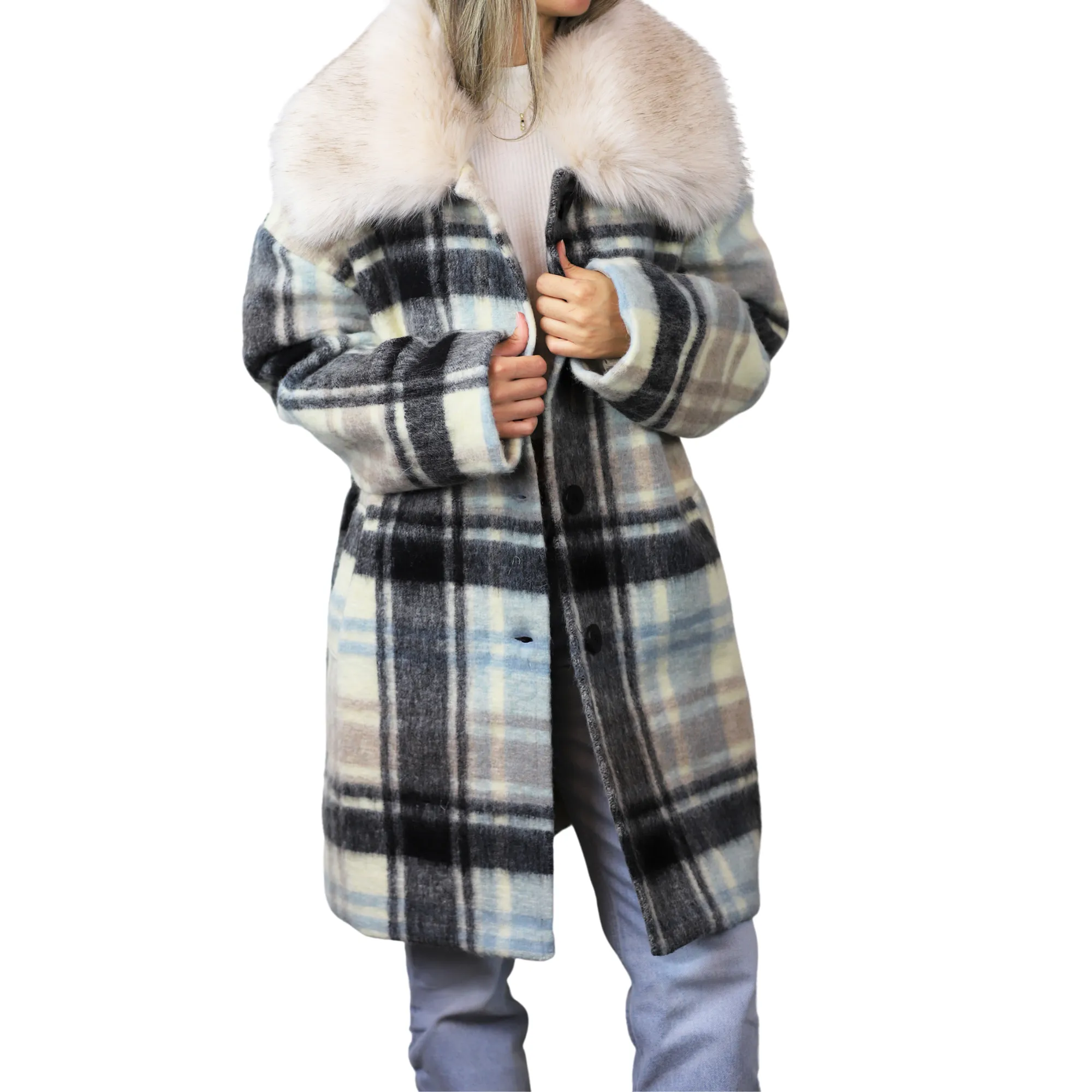 Plaid Mid length Coat with Trim - White