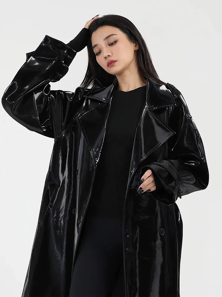 Reflective Patent Leather Trench Coat