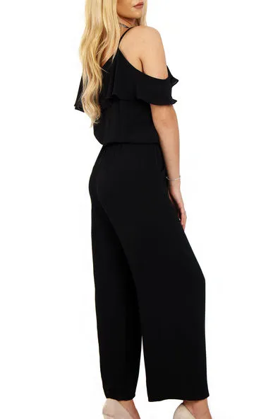 Ruffle Cold Shoulder Wide Leg Jumpsuit