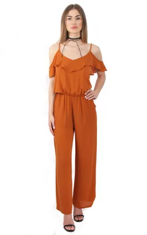 Ruffle Cold Shoulder Wide Leg Jumpsuit