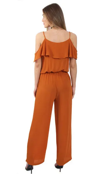 Ruffle Cold Shoulder Wide Leg Jumpsuit