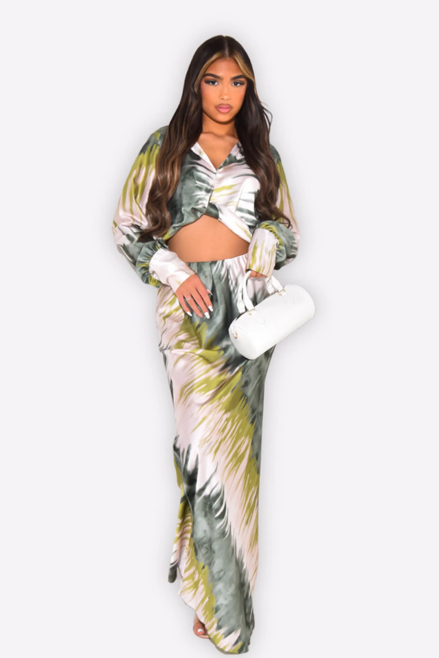 Satin Khaki & Cream Printed Maxi Skirt Co-ord Set