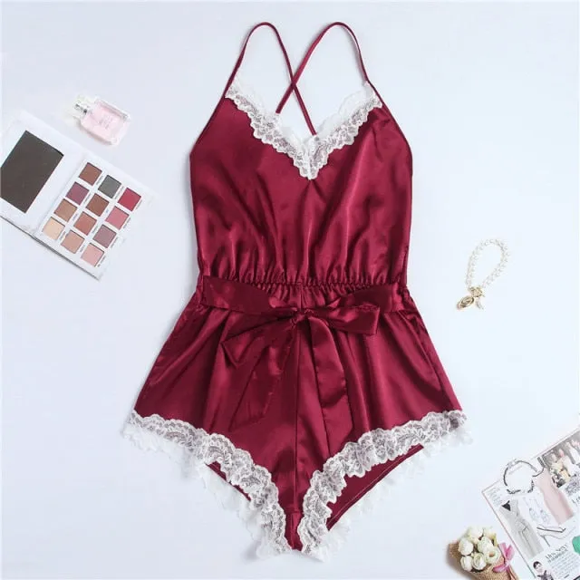 Sexy romper elegant bodysuits satin pajamas belt playsuit casual  holiday body mujer jumpsuits comfy nightdress