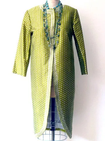 Silk Ikat Green And Silver Open Caftan Cocktail Coat